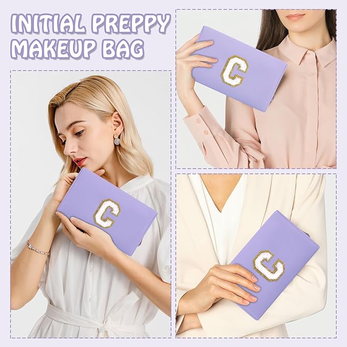 Personalized Initial Preppy Makeup Bag, Small Purple Cute Travel Toiletry Zipper Pouch Monogram Cosmetic Organizer,PU Waterproof Glitter Makeup Storage Case Gifts for Female Coworker Friends(Letter C)