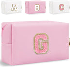 Small Personalized Glitter Initial Letter Makeup Bag, Cute PU Leather Chenille Letters Cosmetic Bag Travel Makeup Pouch, Preppy Travel Organizer Zipper Pouch for Women&Girls（PinkPink-G）