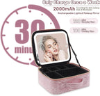 Travel Makeup Bag with LED Mirror – 3 Brightness Modes, Portable Lighted Makeup Case with Adjustable Dividers, Cosmetic Organizer Gift for Women (Pink)
