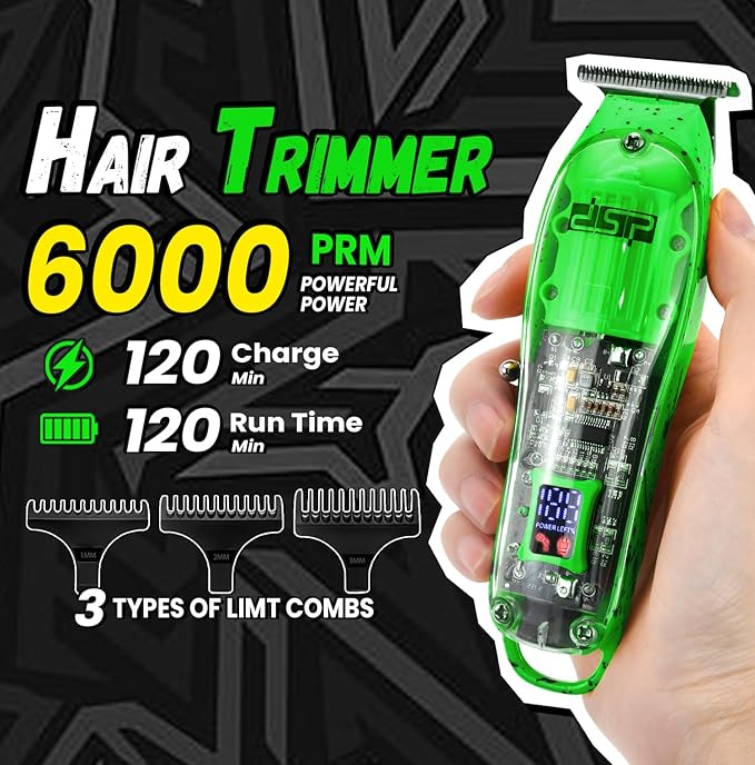 DSP Hair Clipper, Trimmer, Shaver Kits for Men Professional Barber Clipper and Trimmer Sets with Travel Case, Rechargeable, LED Display, Green