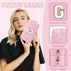 Personalized Initial Preppy Makeup Bag Organizer, Small Travel Cute Pink Cosmetic Bag Toiletry Zipper Pouch, Waterproof PU Leather Monogram Makeup Case Graduation Gift for Teacher Friends(Letter G)