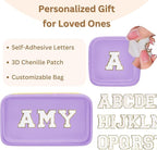 2PCS Personalized Makeup Bag Set, 2PCS Toiletry Bag & 26 Chenille Letters, Clear Makeup Pouch, Preppy Stuff Gifts for Teen Girls (Purple)