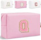 Small Personalized Glitter Initial Letter Makeup Bag, Cute PU Leather Chenille Letters Cosmetic Bag Travel Makeup Pouch, Preppy Travel Organizer Zipper Pouch for Women&Girls（PinkPink-Q）