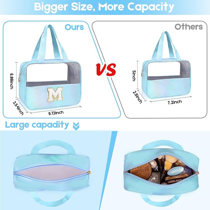Personalized Initial K Clear Blue Makeup Bag - Large Travel Toiletry Bag, Cute Cosmetic Organizer Set for Girlfriend, Teacher, Teen Girl Gifts