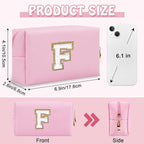 Small Initial Preppy Makeup Bag, Personalized Travel Cosmetic Organizer Chenille Letter Pink Toiletry Zipper Pouch, Portable Waterproof Make Up Case Friendship Gifts for Families Friends(Letter F)