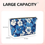 Womens Leather Makeup Bag Cosmetic Bag Travel Toiletry Bags Make Up Bags for Women Adult (Blue Hibiscus 3)