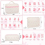 3Pcs Makeup Bag Quilted Cotton Cosmetic Bags for Women Large Small Pink Bow Makeup Pouch Set Cute Coquette Floral Travel Bags Portable Skincare Toiletry Bag Vintage Puffy Essential Organizer