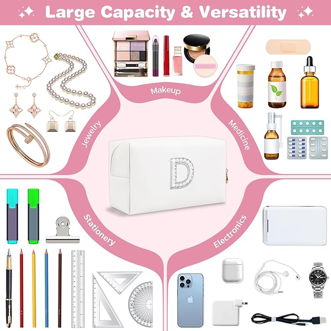 Bride Gifts – Personalized Initial Makeup Bag with Pearl Rhinestone Patch, Preppy White Monogram Cosmetic/Toiletry Pouch, bridesmaid Gifts, Bridal Shower Gifts, Wedding Gifts, Bridal Gifts,D