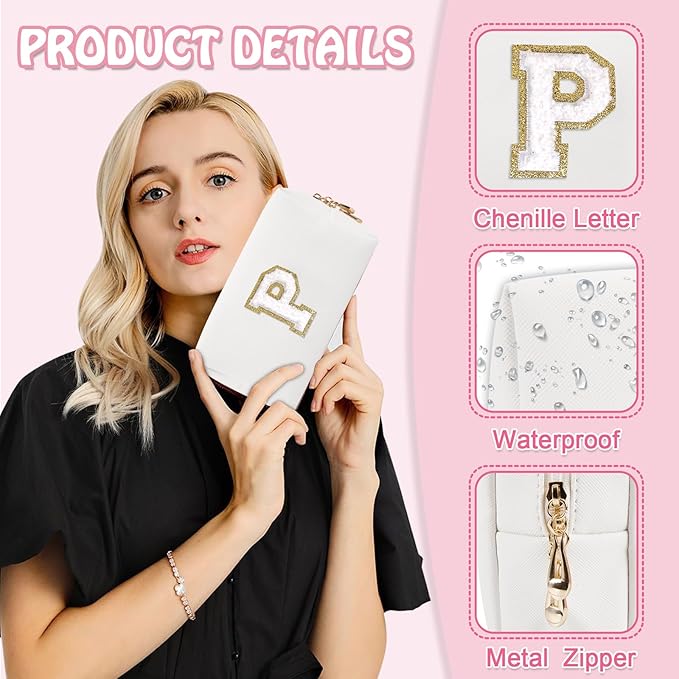 Personalized Initial Preppy Makeup Bag Organizer, White Small Travel Cosmetic Bag Monogram Toiletry Zipper Pouch, Portable Waterproof PU Makeup Case for Women Brides Female Proposal Gift(Letter P)