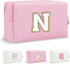 Chenille Letter Personalized Initial Preppy Makeup Bag, Small Travel Cute Pink Cosmetic Zipper Pouch Toiletry Bags, Waterproof PU Monogram Make Up Organizer Gift for Nurse Nieces Teacher(Letter N)