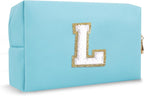 Personalized Initial Preppy Makeup Bag Organizer, Small Blue Cute Travel Cosmetic Bag Toiletry Zipper Pouch for Women, Portable Waterproof PU Make Up Case Birthday Gifts for Friends Teacher(Letter L)