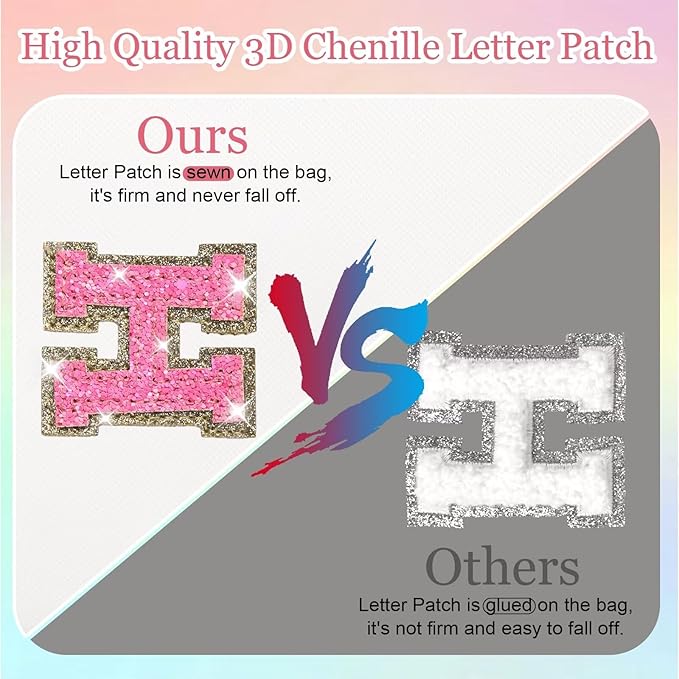 Small Personalized Glitter Initial Letter Makeup Bag, Cute PU Leather Chenille Letters Cosmetic Bag Travel Makeup Pouch, Preppy Travel Organizer Zipper Pouch for Women&Girls（WhiteRosePink-M）