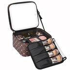 Relavel Travel Makeup Bag With LED Mirror, Portable Cosmetic Organizer Bag with Adjustable Brightness in 3 Color Scenarios, Small Train Case with Detachable Dividers for Trip- Brown Bowknot