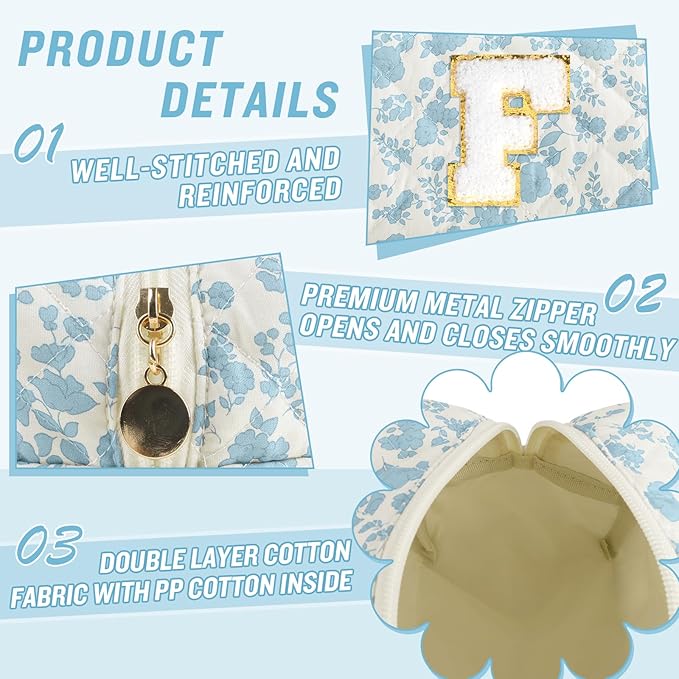 Personalized Quilted Cosmetic Bag, Puffy Monogrammed Christmas Birthday Gifts for Women & Girls, Cute initial Floral Makeup Bag Puffer Coquette Bag, Aesthetic Travel Toiletry Zipper Pouch(Blue,F)
