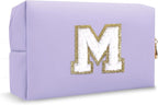 Small Travel Initial Preppy Makeup Bag, Personalized Cute Purple Chenille Letter Cosmetic Organizer Travel Toiltery Zipper Pouch, Waterproof PU Make Up Case Storage Mothers Day Gifts for Mom(Letter M)