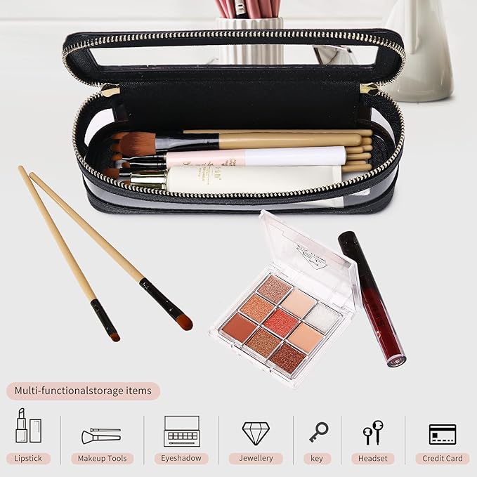 Pinkmik Travel Makeup Bag Set Portable Clear Cosmetic & Toiletry Case Women's Purse Organizer and Car Essentials with Zipper (Black, M+SLIM-2)