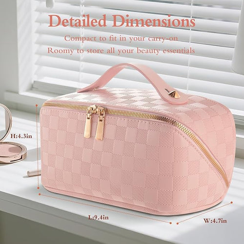 Abiudeng Travel Makeup Bag Large Capacity Toiletry Bag Cosmetic Bags for Travel Essentials,Waterproof Portable Pouch Open Flat Makeup bag Organizer with Divider and Handle(Checkered-Pink)