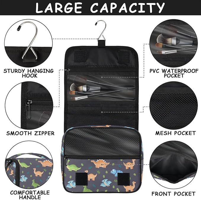 Cute Dinosaur Hanging Travel Toiletry Kit Bag with Hook for Men and Boys, Cartoon Dino Makeup Case Waterproof Cosmetic Bag Storage Bag Organizer for Accessories Toiletries