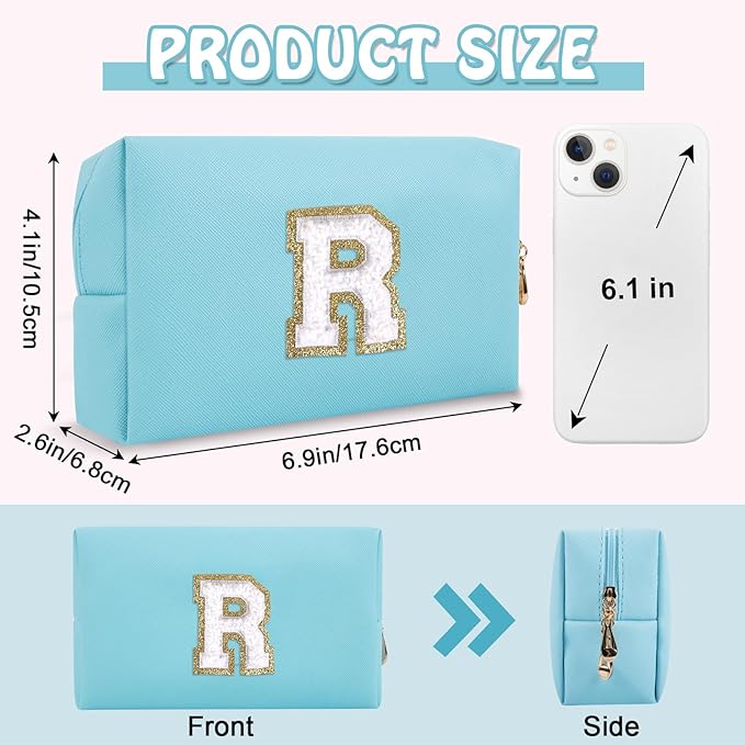Small Travel Initial Preppy Makeup Bag, Personalized Blue Cute Cosmetic Organizer Chenille Letter Travel Toiltery Zipper Pouch, Monogram Make Up Storage Gifts for Friend Her Birthday Women(Letter R)