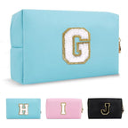 Small Personalized Initial A-Z Preppy Patch Makeup Bag,PU Chenille Letter Travel Cosmetic Pouch with Zipper,Blue Cute Toiletry Bag,Gift Ideal for Teen Girls Women Teacher Bridesmaid,Letter G