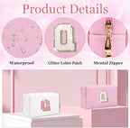 Small Personalized Glitter Initial Letter Makeup Bag, Cute PU Leather Chenille Letters Cosmetic Bag Travel Makeup Pouch, Preppy Travel Organizer Zipper Pouch for Women&Girls（Pink-Q）