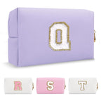 Personalized Makeup Bag Initial A-Z Preppy Patch Bag,Small PU Leather Travel Cosmetic Bag Pouch with Zipper,Purple Cute Toiletry Bag,Gift Ideal for Teen Girls Women Birthday Friend Mom,Latter Q