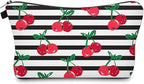 Cute Travel Makeup Bag Cosmetic Bag Small Pouch Gift for Women (Stripes Cherry)