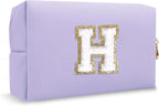 Personalized Chenille Letter Preppy Makeup Bag, Small Initial Purple Cosmetic Bag Travel Toiletry Zipper Pouch Monogram Makeup Storage, Waterproof PU Make Up Case Travel Essentials for Women(Letter H)