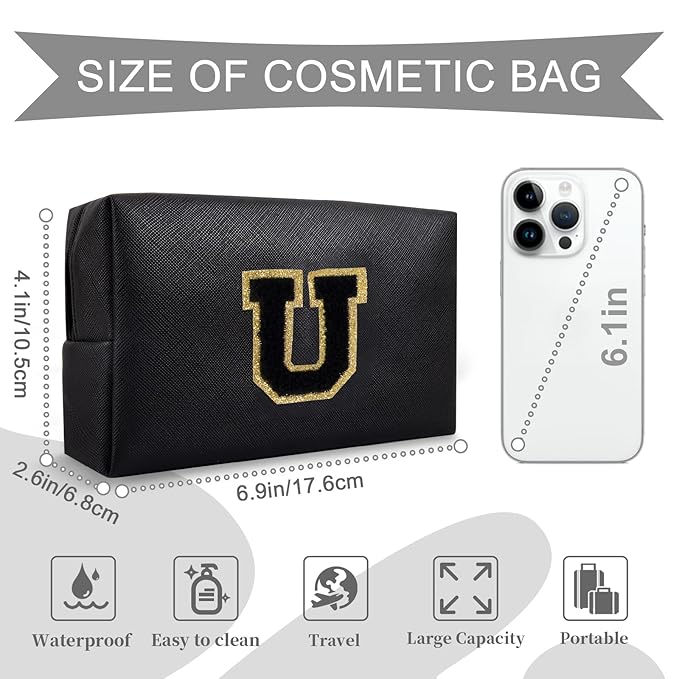 Personalized Initial A-Z Preppy Patch Makeup Bag,Small PU Chenille Letter Cosmetic Bag with Zipper for Teen Girls,Black Cute Toiletry Organizer Bag,Monogram Makeup Case Gift for Women Girls,Letter U