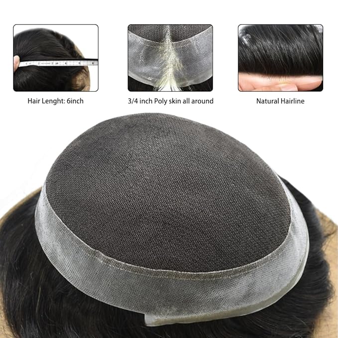 Toupee for Men French Lace Center Human Hair Replacement Systems Transparent Lace Center Hair Piece Mens Toupee Hair Units for Man V-Looped Front Male Hair Prosthesis 7"X9" #1B Off Black