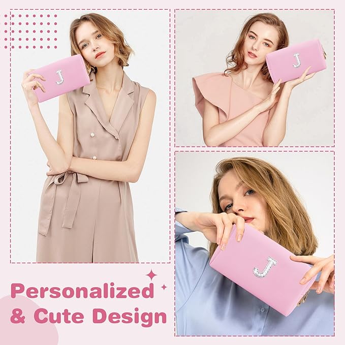 ChaoGreat Bride Gifts – Personalized Initial Makeup Bag with Pearl Rhinestone Patch, Preppy Pink Monogram Cosmetic/Toiletry Pouch, bridesmaid Gifts, Bridal Shower Gifts, Wedding Gifts, Bridal Gifts,J