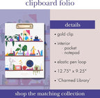 kate spade new york A4 Clipboard Folio with Low Profile Clip, Professional Padfolio Includes Lined Notepad, Pen Loop, and Pocket, Charmed Library