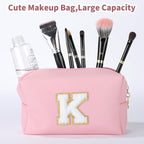 MSQ Personalized Makeup Bag Initial A-Z Patch Bag, PU Leather Cosmetic Bag Pouch Travel Toiletry Bag with Zipper, Gift Ideal for Teen Girls Friend Mom Women Birthday(Pink K)