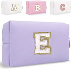 Small Personalized Letter Makeup Bag, Cute PU Leather Chenille Letters Cosmetic Bag Travel Makeup Pouch, Preppy Travel Organizer Zipper Pouch for Women&Girls（Purple-E）