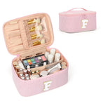 OCHEAL Makeup Bag for Women, Monogram Cosmetic Bag with Brush Holder, Pink Travel Makeup Case Beauty Toiletry Bag Organizer Personalized Gifts for Girls Bridesmaid, Sister, Wife, Friends Initial F