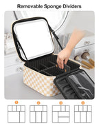 Relavel Travel Makeup Bag With LED Mirror, Cosmetic Train Case with Light up Mirror, Portable Makeup Artist Organizer Bag with Adjustable Dividers, Makeup Brush Holder Storage, Plaid