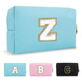 Small Personalized Initial A-Z Preppy Patch Makeup Bag,PU Chenille Letter Travel Cosmetic Pouch with Zipper,Blue Cute Toiletry Bag,Gift Ideal for Teen Girls Women Teacher Bridesmaid,Letter Z