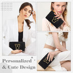 Personalized Initial A-Z Preppy Patch Makeup Bag,Small PU Chenille Letter Cosmetic Bag with Zipper for Teen Girls,Black Cute Toiletry Organizer Bag,Monogram Makeup Case Gift for Women Girls,Letter V