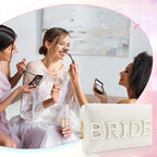 2PCS Bride to be Patch Letter Makeup Bag Bridal Shower Gifts for Engagement Wedding Bachelorette Bridesmaid Gifts for Bride Mrs Pearl Rhinestone Travel Bag White PU Leather Make Up Bag Pouch for Purse