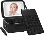 Chomeiu Makeup Bag with LED Mirror, Large Train Case for Makeup Artists, 16.2 inches Travel Professional Cosmetic Organizer with Light Up Mirror, 3 Color Lights, Brush Holder & Shoulder Strap (Black)