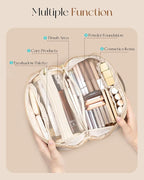 Vlando Makeup Bag,Large Capacity Travel Toiletry Bag,Cosmetic Bags for Women PU Leather Waterproof Portable Pouch with Divider & Handle-Toffee