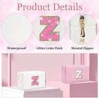 Small Personalized Glitter Initial Letter Makeup Bag, Cute PU Leather Chenille Letters Cosmetic Bag Travel Makeup Pouch, Preppy Travel Organizer Zipper Pouch for Women&Girls（WhiteRosePink-Z）