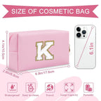 Personalized Initial A-Z Preppy Patch Makeup Bag,Small PU Chenille Letter Cosmetic Bag with Zipper for Teen Girls,Pink Cute Toiletry Organizer Bag,Monogram Makeup Case Gift for Women Girls,Letter K
