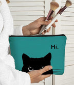 Cat Makeup Bag - Cute Cosmetic Pouch for Cat Lovers, Black Kitty Design, Hi Kitty Gift for Women (Bluish Blue, Beige)