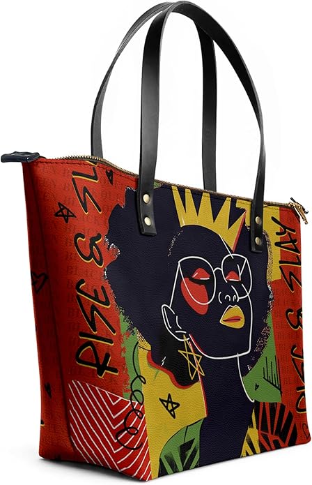 African Black Women's Leather Tote Bag, Large, Premium Vegan Leather, Full Zip, Perfect Christmas Gifts For Women