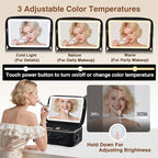 Large Makeup Bag with LED Mirror,Travel Cosmetic Train Case for Makeup Artists,Makeup Organizer Case with Divider Rechargeable Vanity Mirror with 3 Color Lights for Barber,MUA,Nail Tech, Black