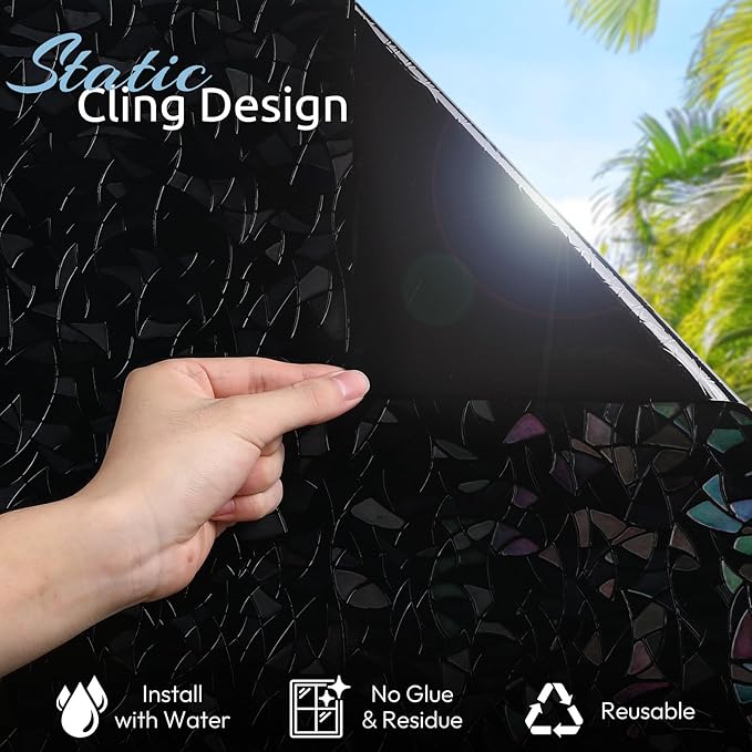 rabbitgoo Window Privacy Film Rainbow Film Decorative Window Sticker, 3D Static Stained Glass Cling Tint for Room Darkening Day Sleep, Black, 35.4 x 78.7 inches