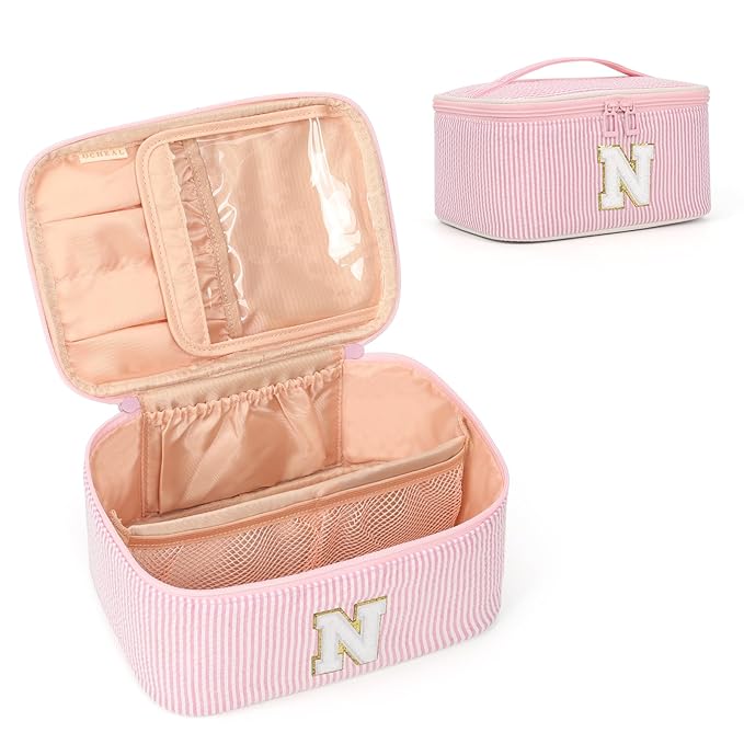 OCHEAL Makeup Bag for Women, Monogram Cosmetic Bag with Brush Holder, Pink Travel Makeup Case Beauty Toiletry Bag Organizer Personalized Gifts for Girls Bridesmaid, Sister, Wife, Friends Initiall N