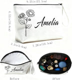 Personalized Makeup Bag Initial&Birth Flower Custom Small Travel Cosmetic Bag with Name Cute Makeup Bag for Women Girls