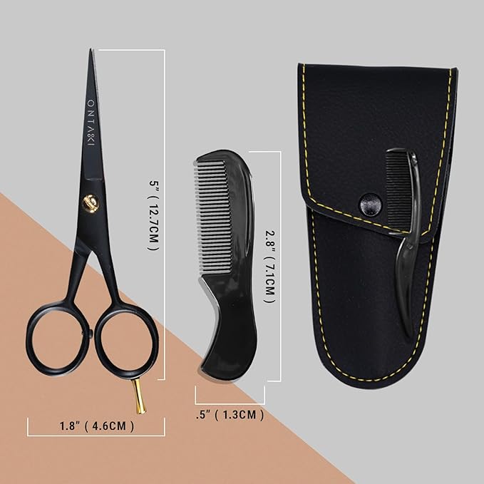 Ontaki Professional Beard Scissors for Men - 5 in Hand-Forged Black 410C German Steel - Includes 2 Combs & PU Pouch - Beard & Mustache Grooming Kit